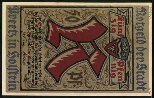 Notgeld Preetz, 1920, 50 Pfennig, Stadtansicht mit Fachwerkhäusern und Kirchturm, Rückseite mit ornamentalem Design