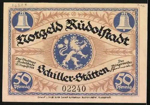 Notgeld Rudolstadt 1921, 50 Pfennig, ehemalige Glockengiesserei mit Landschaft und Löwe in der Mitte