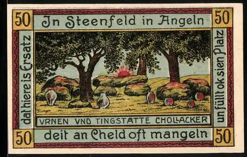 Notgeld Steinfeld / Schleswig 1920, 50 Pfennig, Landschaft mit Bäumen und Gebäude, Tingstätte Chollacker