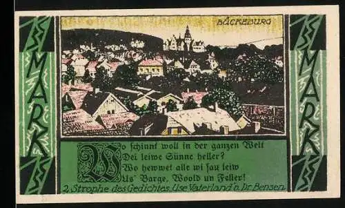 Notgeld Bückeburg 1921, 1 Mark, Stadtansicht und Jäger Appell