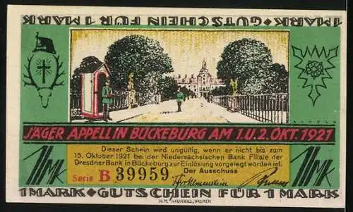 Notgeld Bückeburg 1921, 1 Mark, Stadtansicht und Jäger Appell