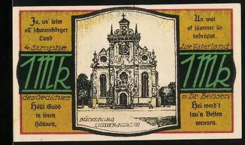 Notgeld Bückeburg 1921, 1 Mark, Lutherkirche und Jäger Appell in Bückeburg