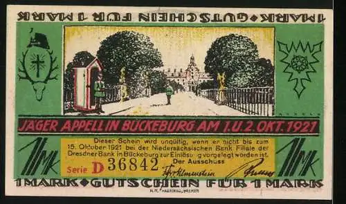 Notgeld Bückeburg 1921, 1 Mark, Lutherkirche und Jäger Appell in Bückeburg