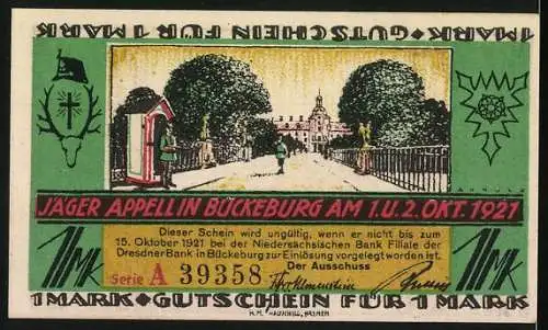 Notgeld Bückeburg, 1921, 1 Mark, Rathaus und Jäger Appell am 1. und 2. Okt. 1921