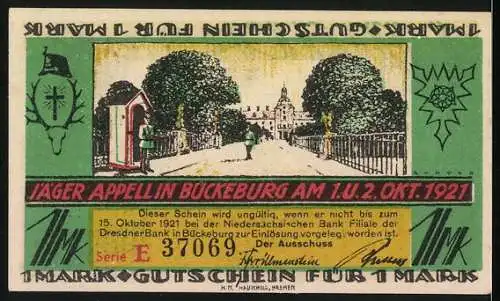 Notgeld Bückeburg 1921, 1 Mark, Jäger Appell und Bauernszene mit Gedicht von Dr. Bensen