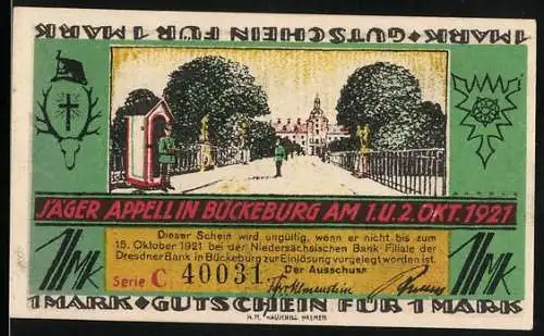 Notgeld Bückeburg 1927, 1 Mark, Jäger Appell und Schloss Ahrenburg, Serie C, handschriftlich signiert