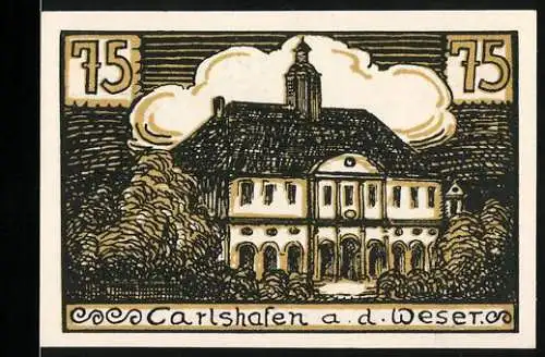 Notgeld Carlshafen a.d. Weser, 75 Pfennig, Gebäude mit Wolken und Kreis Hofgeismar Rückseite mit Burgturm