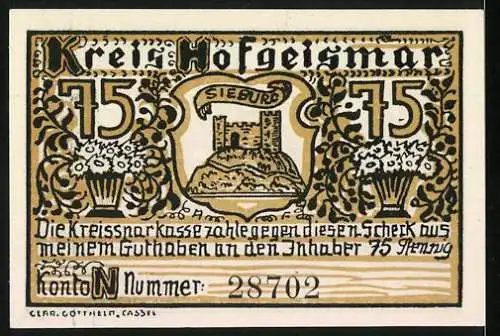 Notgeld Carlshafen a.d. Weser, 75 Pfennig, Gebäude mit Wolken und Kreis Hofgeismar Rückseite mit Burgturm