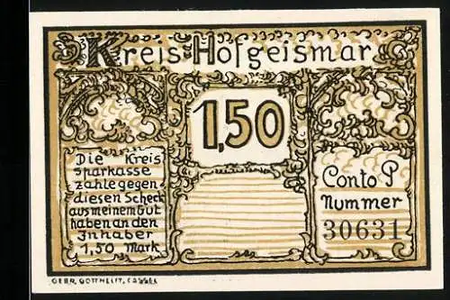 Notgeld Hofgeismar, 1,50 Mark, Vorderseite Schriftzug Kreis Hofgeismar - Rückseite Schloss Wilhelmsthal