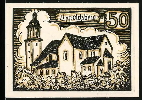 Notgeld Hofgeismar, 50 Pfennig, Kirche Lippoldsberg und Säulenentwurf mit Seriennummer 27705