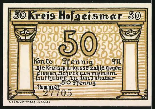 Notgeld Hofgeismar, 50 Pfennig, Kirche Lippoldsberg und Säulenentwurf mit Seriennummer 27705