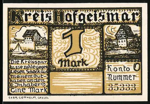 Notgeld Hofgeismar, 1 Mark, Darstellung von Gebäuden und Landschaft, Gieselwerder a.d. Weser, Konto Nummer 35333