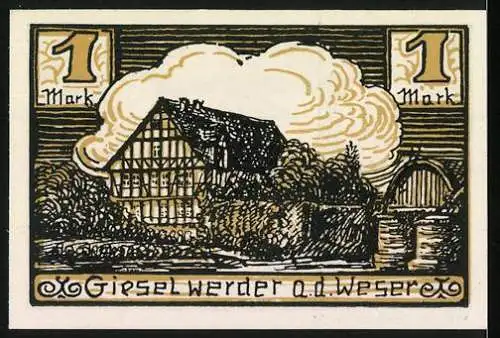 Notgeld Hofgeismar, 1 Mark, Darstellung von Gebäuden und Landschaft, Gieselwerder a.d. Weser, Konto Nummer 35333