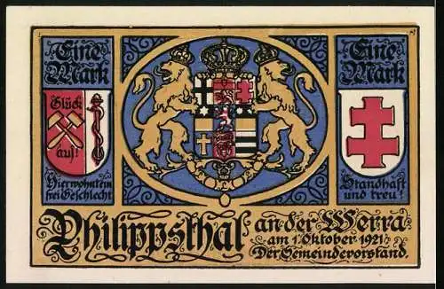 Notgeld Philippsthal a.d. Werra 1921, Eine Mark, Landgraf Wilhelm, Schlosshofeinfahrt, Burgvogt, Wappen