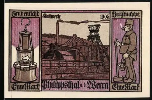 Notgeld Philippsthal a.d. Werra, 1905, Eine Mark, Grubenlicht, Kohlwerke, Bergknappe, Wappen und Löwenabbildung