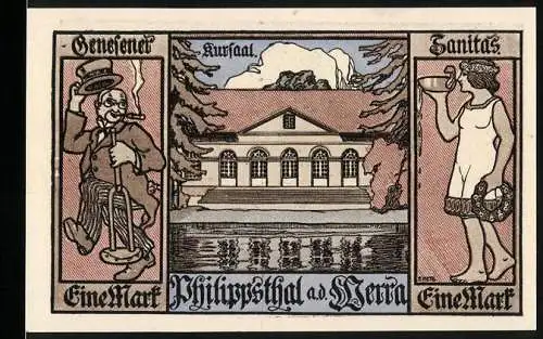 Notgeld Philippsthal a.d. Werra, 1921, Eine Mark, Kurhaus mit Löwenwappen und Illustrationen