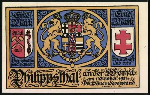 Notgeld Philippsthal a.d. Werra, 1921, Eine Mark, Kurhaus mit Löwenwappen und Illustrationen