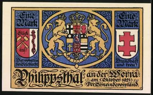 Notgeld Philippsthal a.d. Werra, 1921, Eine Mark, Rathaus und Wappen, Justitia und Ortsdiener