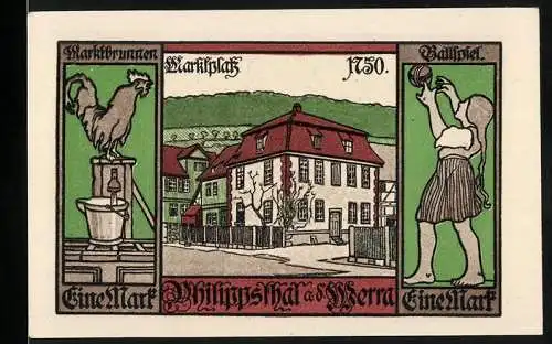 Notgeld Philippsthal, Eine Mark, Marktplatz mit Marktbrunnen und Wappen mit Löwen