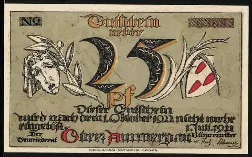 Notgeld Oberammergau, 1921, 25 Pf, Stadtansicht und Denkmal mit liegender Figur