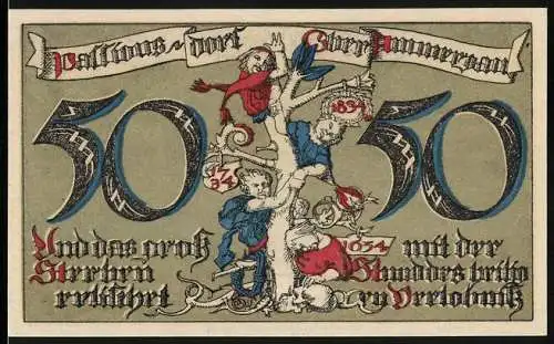 Notgeld Oberammergau 1921, 50 Pfennig, verschnörkelte Zahlen und Figuren, Rückseite mit Landschaft und Kirche