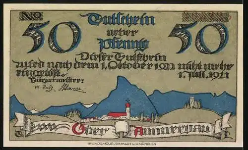 Notgeld Oberammergau 1921, 50 Pfennig, verschnörkelte Zahlen und Figuren, Rückseite mit Landschaft und Kirche