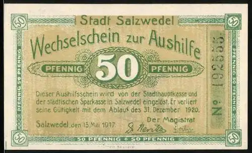 Notgeld Salzwedel 1917, 50 Pfennig, Wechselschein zur Aushilfe mit Stempel auf Rückseite