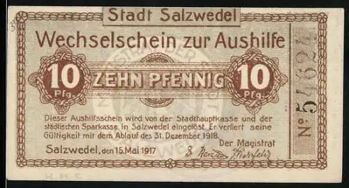 Notgeld Salzwedel 1917, 10 Pfennig, Wechselschein zur Aushilfe mit Stadtsiegel und Magistratsunterschrift