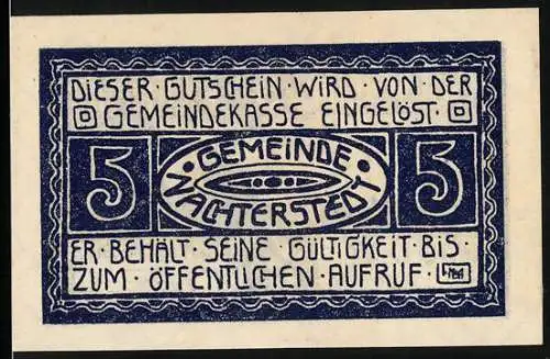 Notgeld Nachterstedt 1921, 5 Pfennig, Gutschein der Gemeindekasse mit Industrieszene