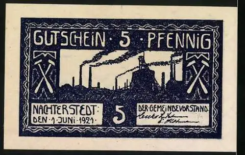 Notgeld Nachterstedt 1921, 5 Pfennig, Gutschein der Gemeindekasse mit Industrieszene