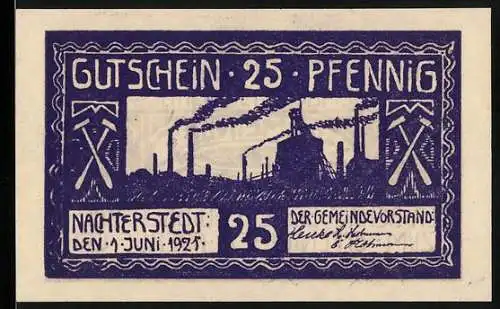 Notgeld Nachterstedt 1921, 25 Pfennig, violett mit Industrieszene und Gemeindekasse Hinweis