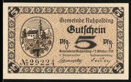 Notgeld Ruhpolding, 1920, 5 Pfennig, Gemeinde Ruhpolding Gutschein mit Kirche und Landschaft