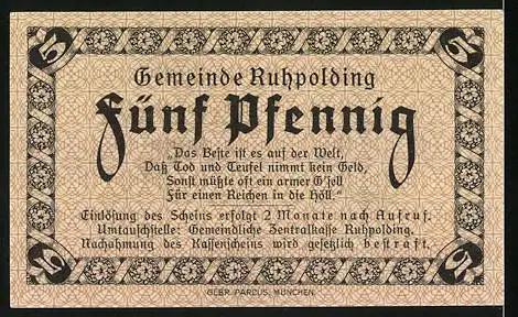 Notgeld Ruhpolding, 1920, 5 Pfennig, Gemeinde Ruhpolding Gutschein mit Kirche und Landschaft