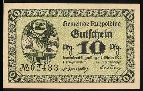 Notgeld Ruhpolding, 1920, 10 Pfennig, Gutschein der Gemeinde Ruhpolding mit dekorativem Rahmen und Text