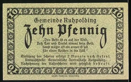 Notgeld Ruhpolding, 1920, 10 Pfennig, Gutschein der Gemeinde Ruhpolding mit dekorativem Rahmen und Text