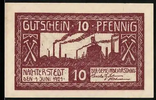 Notgeld Nachterstedt 1921, 10 Pfennig, Gutschein mit Fabrik und Gemeindewappen