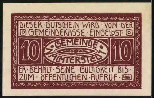 Notgeld Nachterstedt 1921, 10 Pfennig, Gutschein mit Fabrik und Gemeindewappen