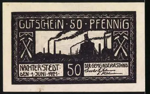 Notgeld Nachterstedt, 1921, 50 Pfennig, Gutschein der Gemeindekasse mit Industrieszene