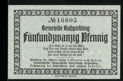 Notgeld Ruhpolding, 1920, 25 Pfennig, Gutschein mit Wappen und Unterschriften, Seriennummer 16605