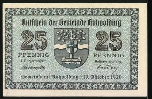 Notgeld Ruhpolding, 1920, 25 Pfennig, Gutschein mit Wappen und Unterschriften, Seriennummer 16605