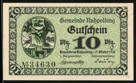 Notgeld Ruhpolding, 1920, 10 Pfennig, Gutschein der Gemeinde, Nr. 34630, grün mit Löwe und Wappen