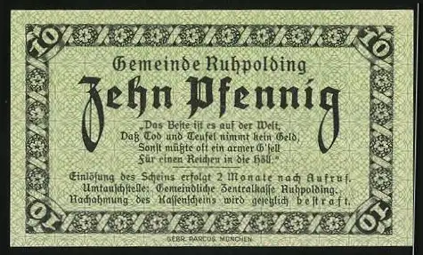 Notgeld Ruhpolding, 1920, 10 Pfennig, Gutschein der Gemeinde, Nr. 34630, grün mit Löwe und Wappen