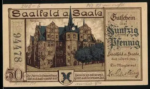 Notgeld Saalfeld an der Saale 1921, 50 Pfennig, Rathaus und Steuerschraube Presskraft