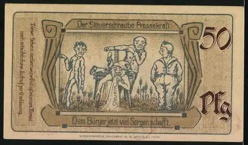 Notgeld Saalfeld an der Saale 1921, 50 Pfennig, Rathaus und Steuerschraube Presskraft