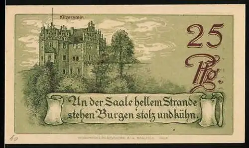 Notgeld Saalfeld / Saale, 1921, 25 Pfennig, Burgen Klitzerstein und Hoher Schwarm, Gutschein der Stadt Saalfeld /Saale