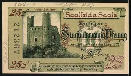 Notgeld Saalfeld / Saale, 1921, 25 Pfennig, Burgen Klitzerstein und Hoher Schwarm, Gutschein der Stadt Saalfeld /Saale