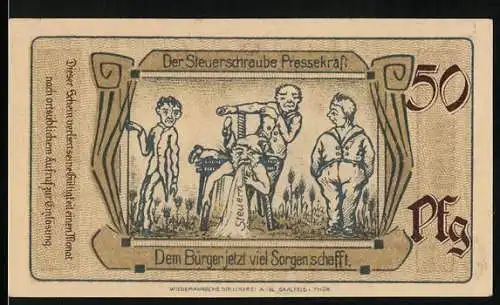 Notgeld Saalfeld a. Saale 1921, 50 Pfennig, Der Steuerdruck Pressekarikatur - Schlossillustration