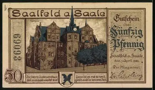 Notgeld Saalfeld a. Saale 1921, 50 Pfennig, Der Steuerdruck Pressekarikatur - Schlossillustration