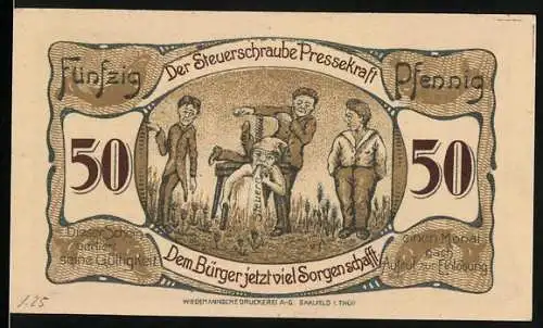 Notgeld Saalfeld an der Saale, 1921, 50 Pfennig, Rathaus und humoristische Illustration