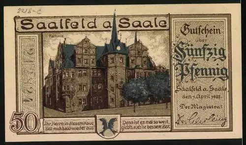 Notgeld Saalfeld an der Saale, 1921, 50 Pfennig, Rathaus und humoristische Illustration